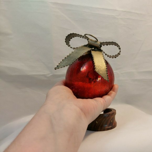 Mercury Glass Kugel Red Crackle Lg 4” Diameter Christmas Ornament Metal Bow Cap - Picture 6 of 7